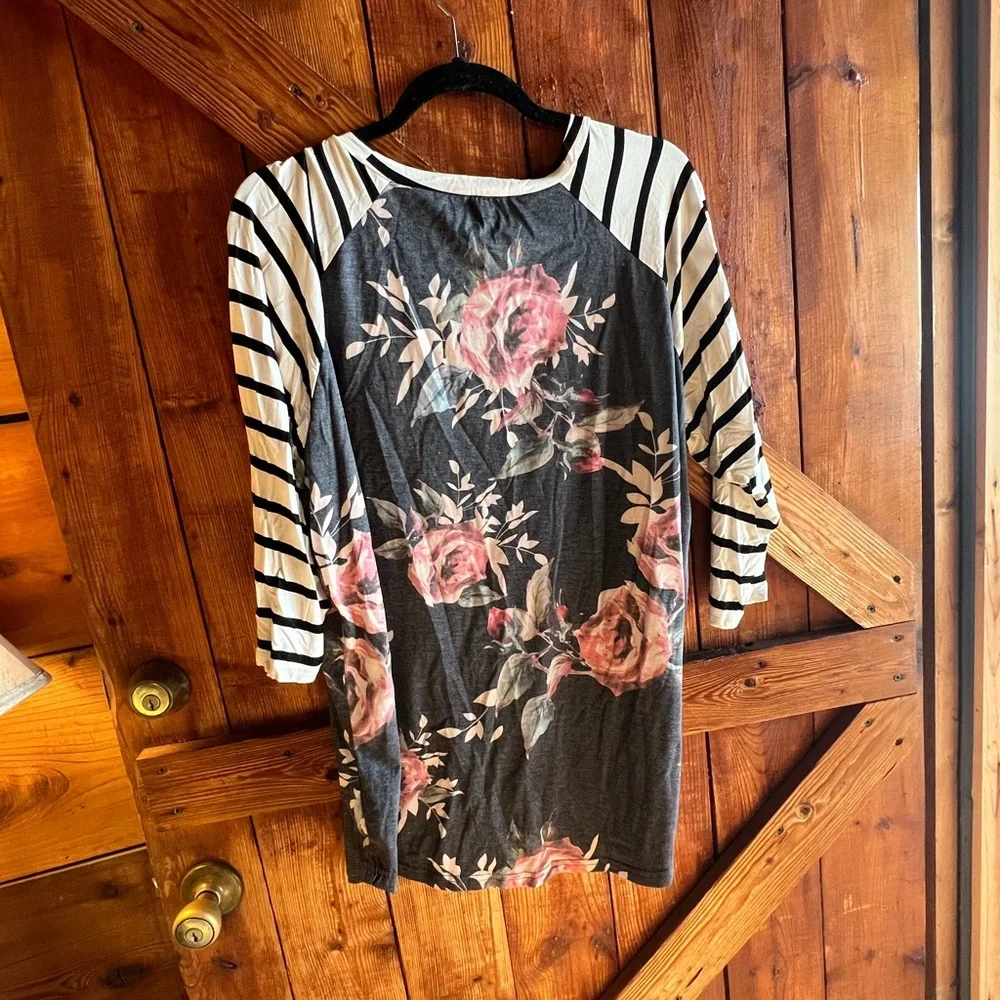 Tickled Teal Floral and Striped Long Sleeve Top - Picture 6 of 6